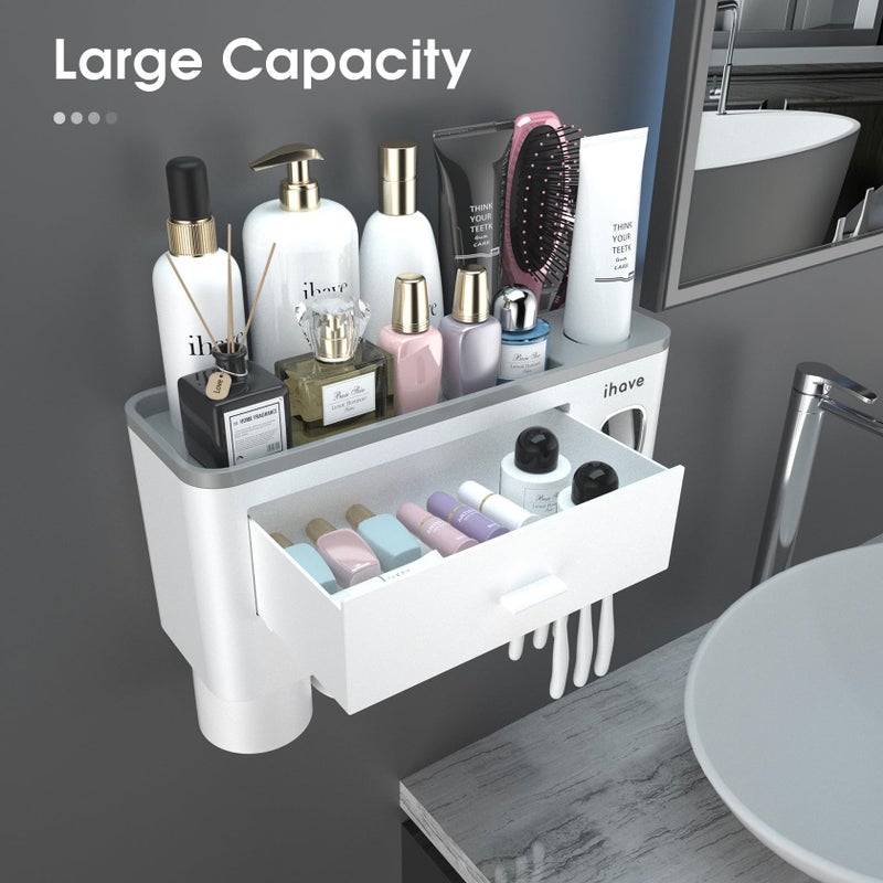 iHave Toothbrush Holders for Bathrooms, 3 Cups Toothbrush Holder Wall Mounted with Toothpaste Dispenser - Large Capacity Tray, Cosmetic Drawer - Bathroom Accessories & Bathroom Organization Storage - Image 2