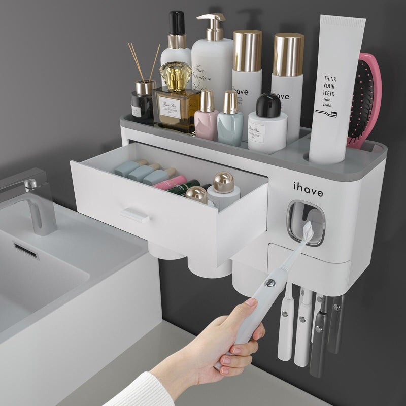 iHave Toothbrush Holders for Bathrooms, 3 Cups Toothbrush Holder Wall Mounted with Toothpaste Dispenser - Large Capacity Tray, Cosmetic Drawer - Bathroom Accessories & Bathroom Organization Storage - Image 1