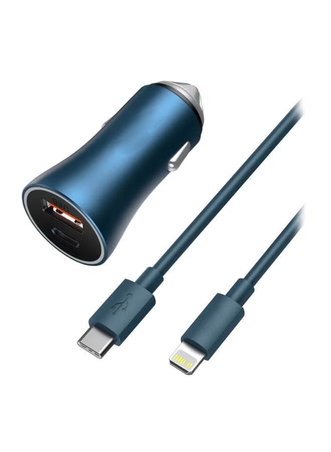 Car Charger 40W USB-C Adapter, PD 3.0 QC 4.0 Phone Fast Charging With Type-C to Lightning (1M) Cable Compatible For iPhone 14 Pro Max/14 Plus/14 Pro/14/13/12/11/Xs, iPad Pro and Type C Mobile Devices Blue - Image 1