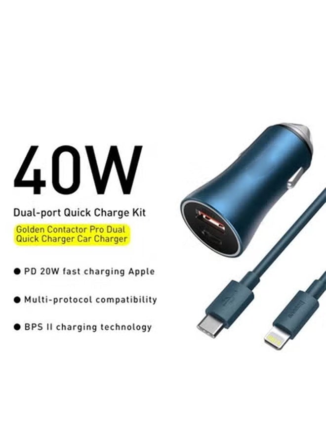 Car Charger 40W USB-C Adapter, PD 3.0 QC 4.0 Phone Fast Charging With Type-C to Lightning (1M) Cable Compatible For iPhone 14 Pro Max/14 Plus/14 Pro/14/13/12/11/Xs, iPad Pro and Type C Mobile Devices Blue - Image 2