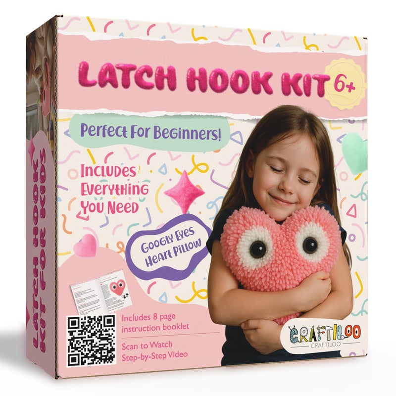 CRAFTILOO Latch Hook Kit for Kids Rug DIY Pillow Craft with Hook, Precut Yarn, Easy to Follow Pattern Cute Designs with Googley Eyes Heart Ages 6+ - Image 1