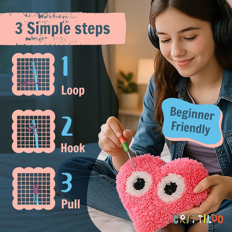 CRAFTILOO Latch Hook Kit for Kids Rug DIY Pillow Craft with Hook, Precut Yarn, Easy to Follow Pattern Cute Designs with Googley Eyes Heart Ages 6+ - Image 4