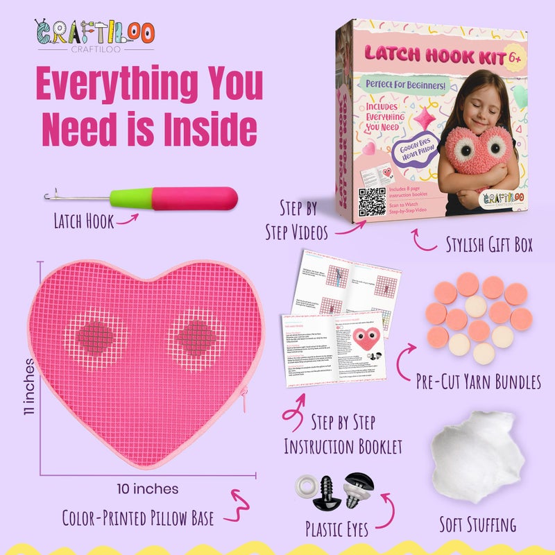 CRAFTILOO Latch Hook Kit for Kids Rug DIY Pillow Craft with Hook, Precut Yarn, Easy to Follow Pattern Cute Designs with Googley Eyes Heart Ages 6+ - Image 2