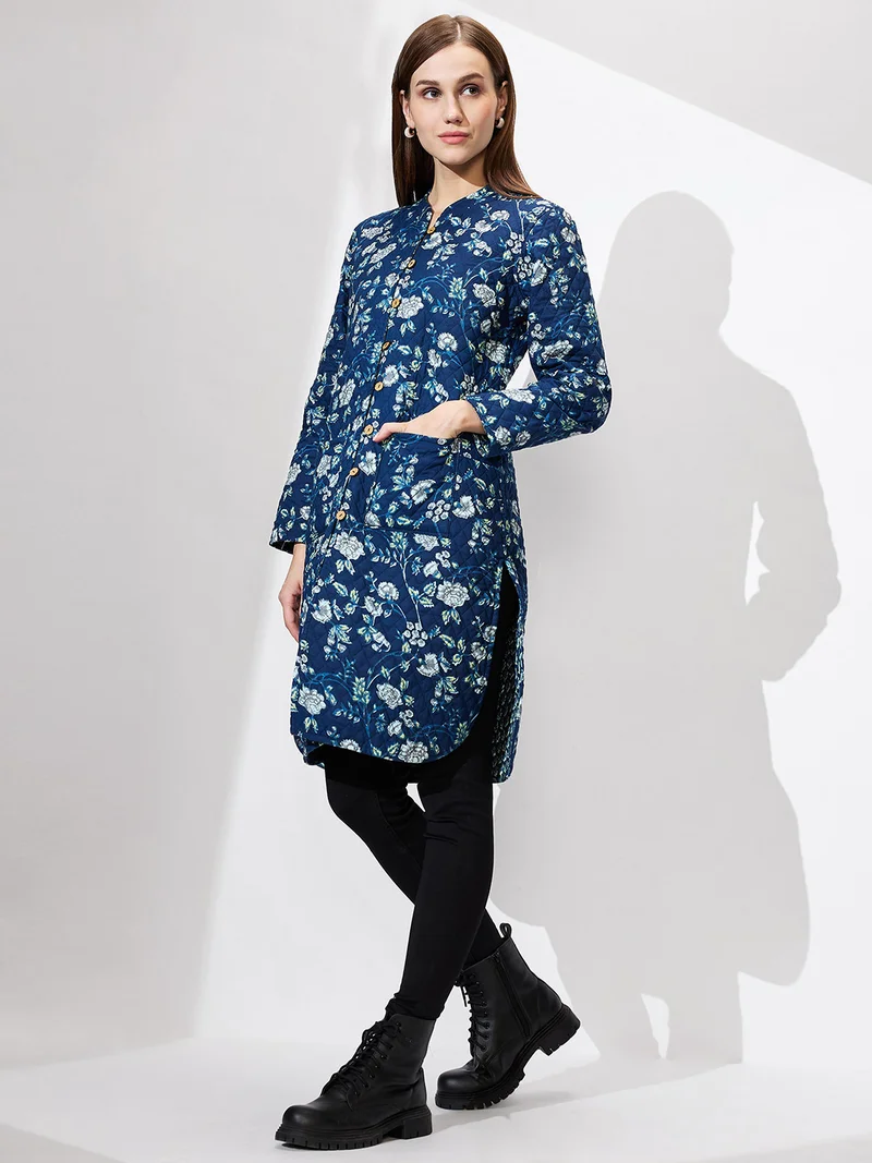 globus Globus Women Mandarin Collar Floral Print Quilted Curved Hem Reversible Winter Shrug