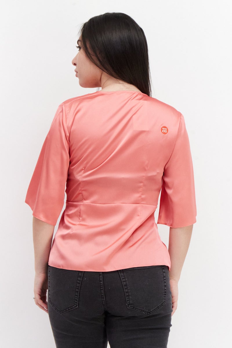 Miss Selfridge Women Petite Surplice Neck Short Sleeves Plain Top, Pink - Image 3