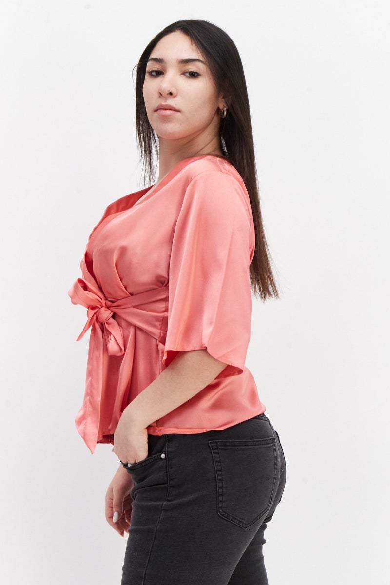 Miss Selfridge Women Petite Surplice Neck Short Sleeves Plain Top, Pink - Image 4