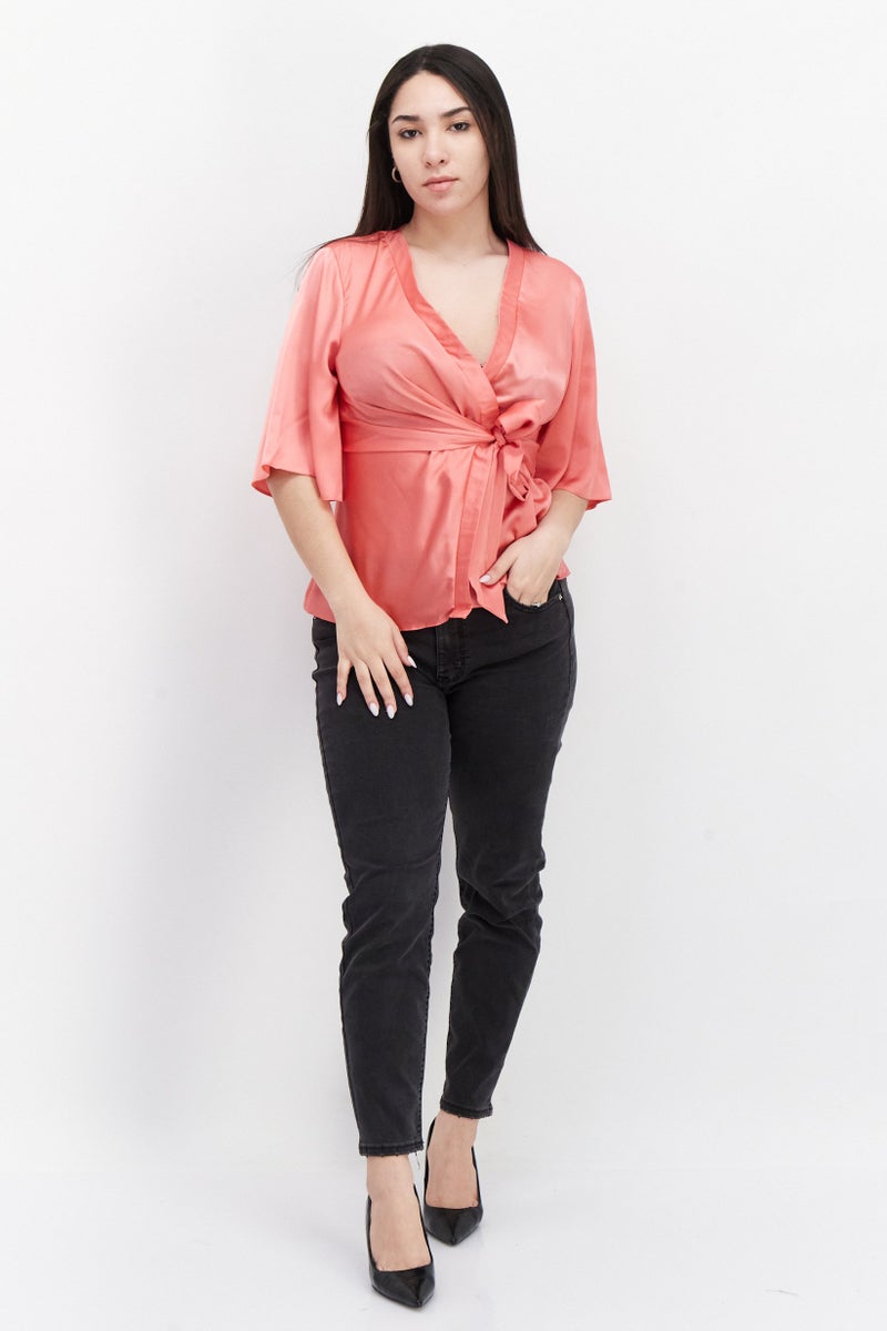 Miss Selfridge Women Petite Surplice Neck Short Sleeves Plain Top, Pink - Image 2