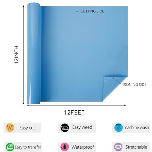 HTVVETUR HTV Iron on Vinyl 12Inch by 12ft Roll Heat Transfer Vinyl for T-Shirt HTV Vinyl Rolls for All Cutter Machine - Easy to Cut & Weed for Heat Transfer Design (12ft, Sky Blue) - Image 2