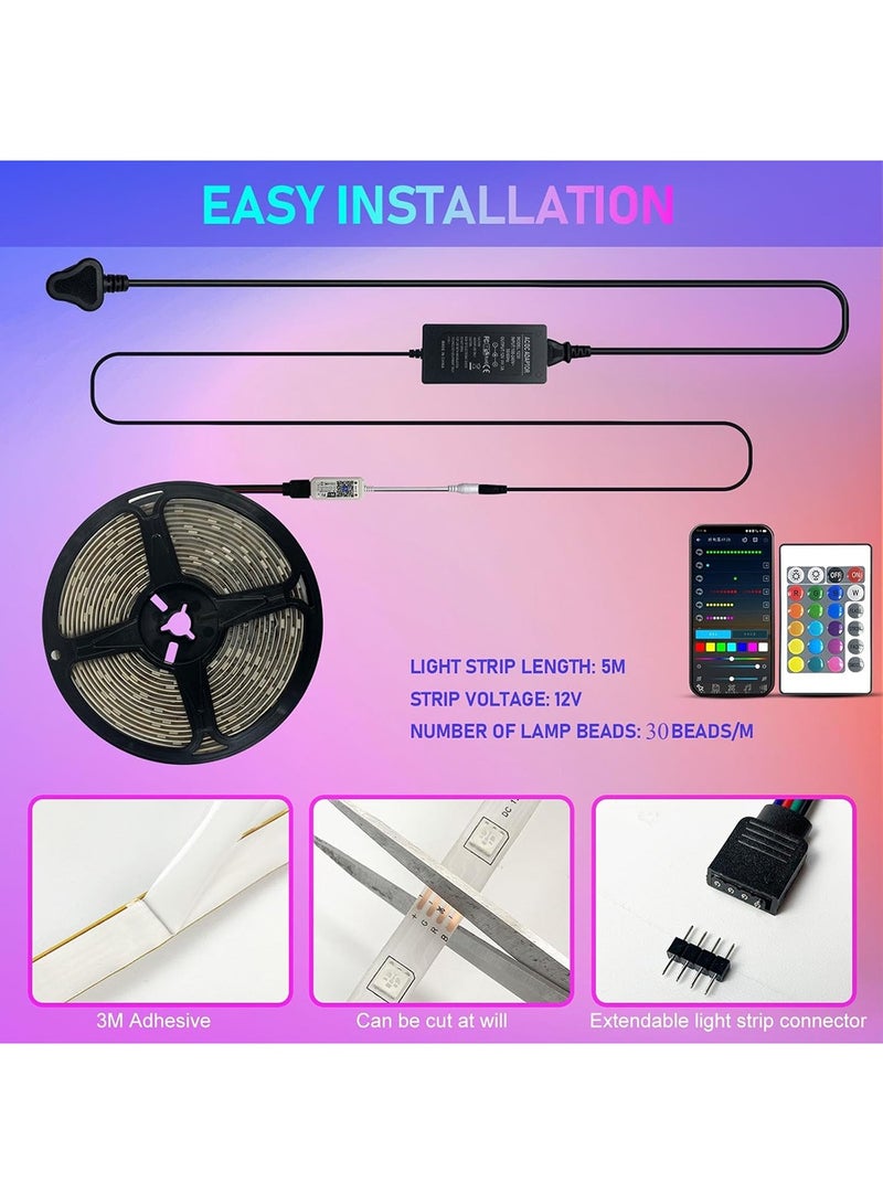 SKY-TOUCH 5M Colorful Rope Lighting for Home Decor Kitchen Bedroom Hotel Outdoor Bar Garden Desktop Smart Bluetooth LED Strip Light RGB Sync to Music Light Remote Control  - Image 3