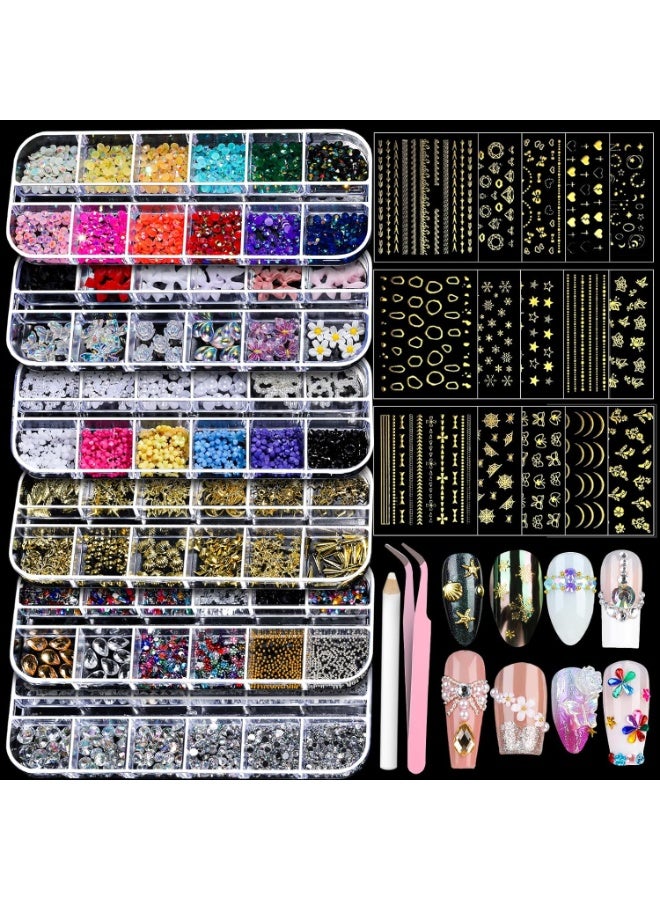 general Teenitor Nail Charms Nail Gems with 15 Sheets Gold Nail Stickers, 6 Boxes of Rhinestones for Nails Art Tools, 3D Nail Decals Pearls for Nails - Image 1