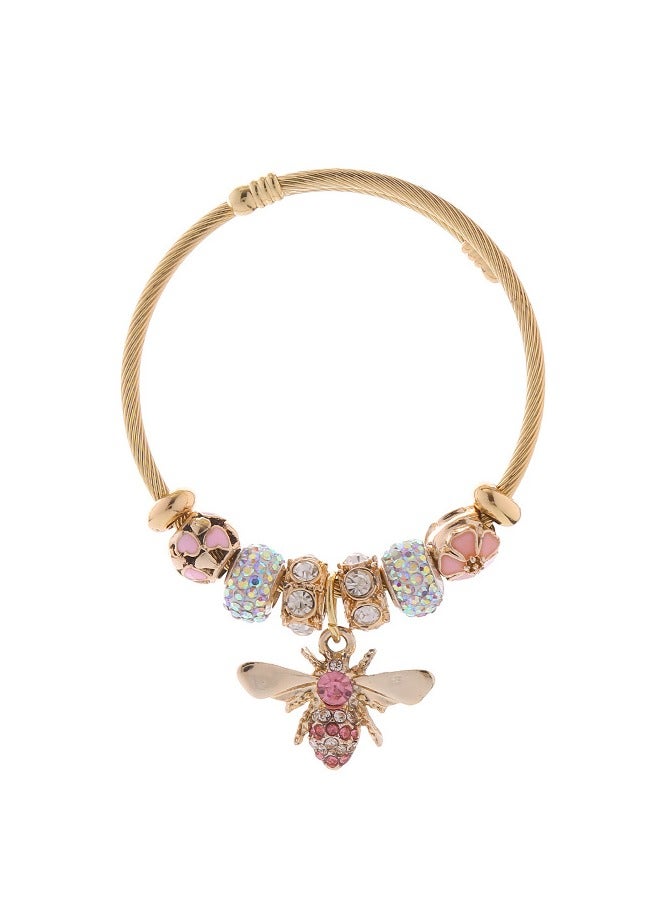 Pink bead bracelet, exquisite bee pendant, stainless steel adjustable opening bracelet - Image 4