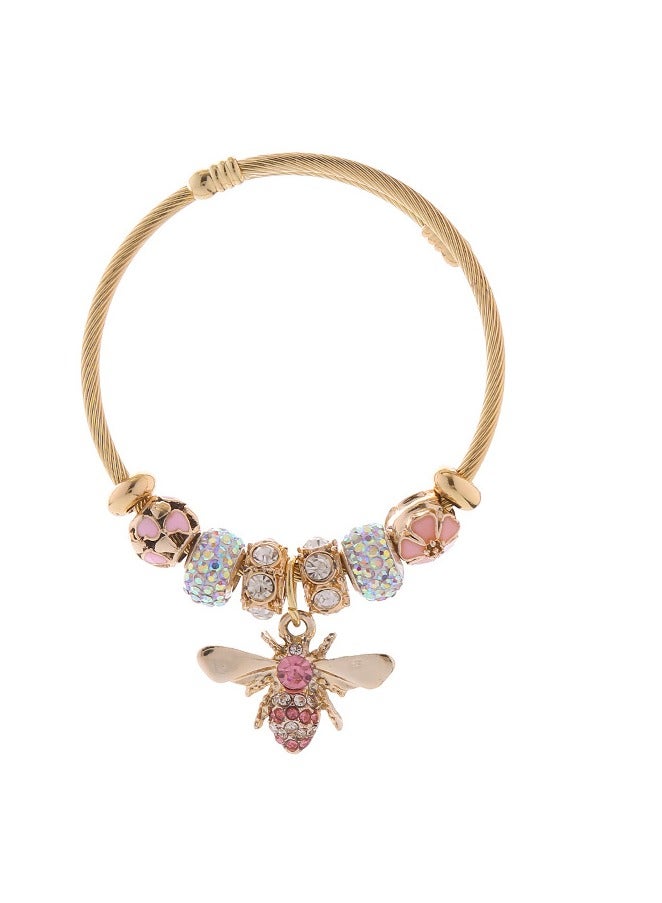 Pink bead bracelet, exquisite bee pendant, stainless steel adjustable opening bracelet - Image 1
