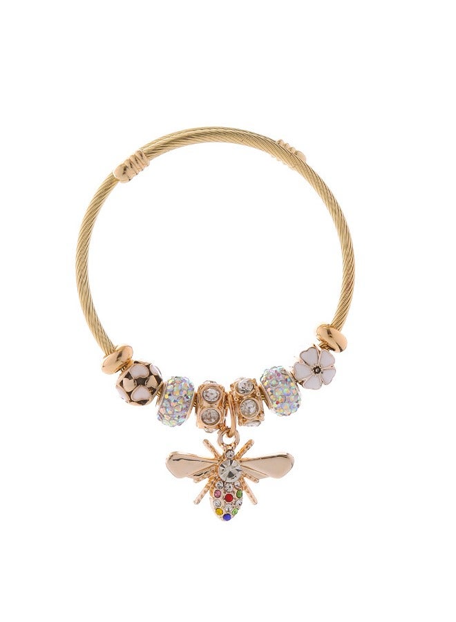 Pink bead bracelet, exquisite bee pendant, stainless steel adjustable opening bracelet - Image 2