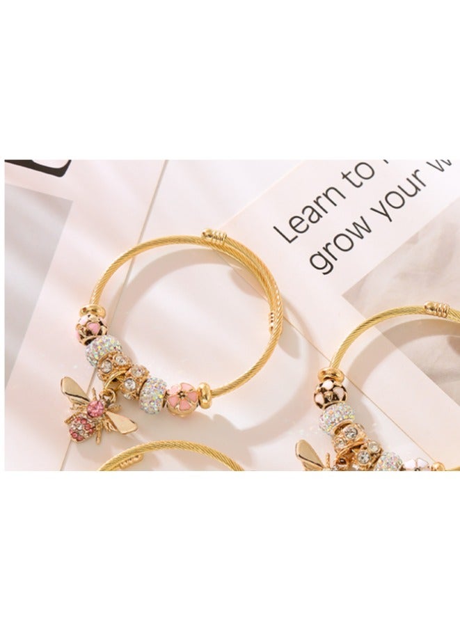 Pink bead bracelet, exquisite bee pendant, stainless steel adjustable opening bracelet - Image 5