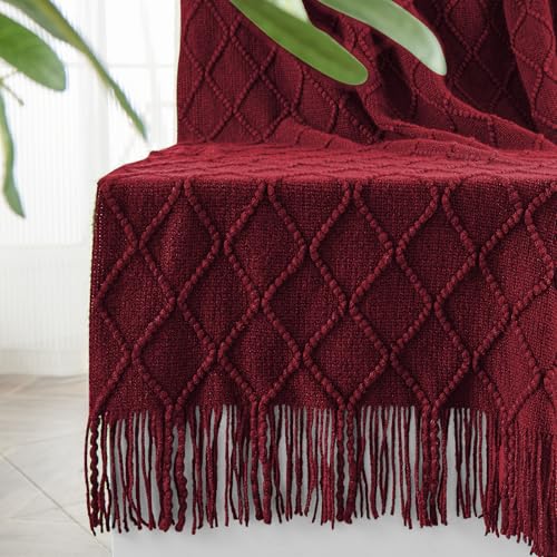 inhand Knitted Throw Blankets for Couch and Bed, Soft Cozy Knit Blanket with Tassel, Claret Lightweight Decorative Blankets and Throws, Farmhouse Warm Woven Blanket for Men and Women, 60"x80" - Image 1
