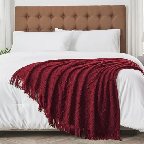 inhand Knitted Throw Blankets for Couch and Bed, Soft Cozy Knit Blanket with Tassel, Claret Lightweight Decorative Blankets and Throws, Farmhouse Warm Woven Blanket for Men and Women, 60"x80" - Image 3