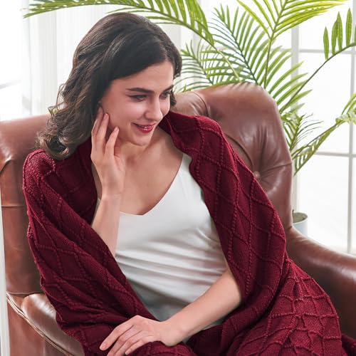 inhand Knitted Throw Blankets for Couch and Bed, Soft Cozy Knit Blanket with Tassel, Claret Lightweight Decorative Blankets and Throws, Farmhouse Warm Woven Blanket for Men and Women, 60"x80" - Image 2