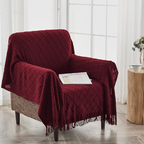 inhand Knitted Throw Blankets for Couch and Bed, Soft Cozy Knit Blanket with Tassel, Claret Lightweight Decorative Blankets and Throws, Farmhouse Warm Woven Blanket for Men and Women, 60"x80" - Image 4