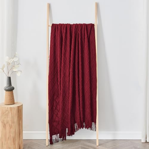 inhand Knitted Throw Blankets for Couch and Bed, Soft Cozy Knit Blanket with Tassel, Claret Lightweight Decorative Blankets and Throws, Farmhouse Warm Woven Blanket for Men and Women, 60"x80" - Image 5