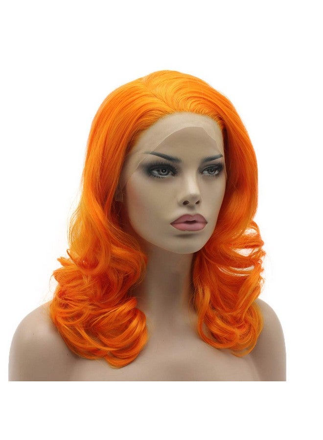 Lushy Medium Length Wavy Orange Half Hand Tied Heat Friendly Synthetic Lace Front Wig - Image 3