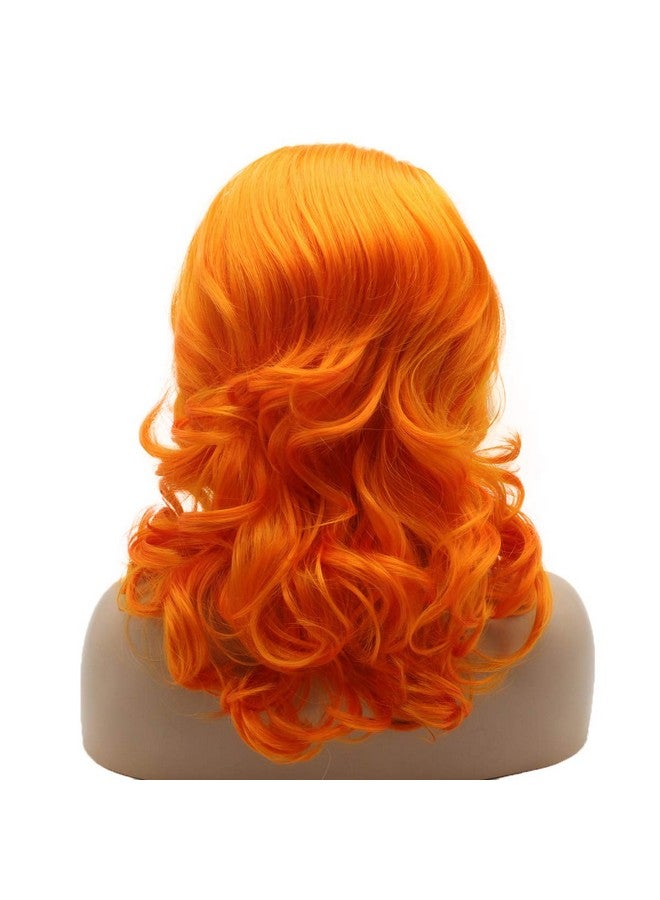 Lushy Medium Length Wavy Orange Half Hand Tied Heat Friendly Synthetic Lace Front Wig - Image 5
