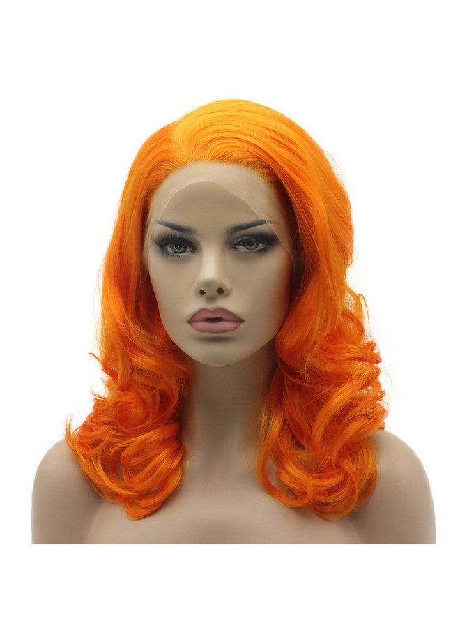Lushy Medium Length Wavy Orange Half Hand Tied Heat Friendly Synthetic Lace Front Wig - Image 4