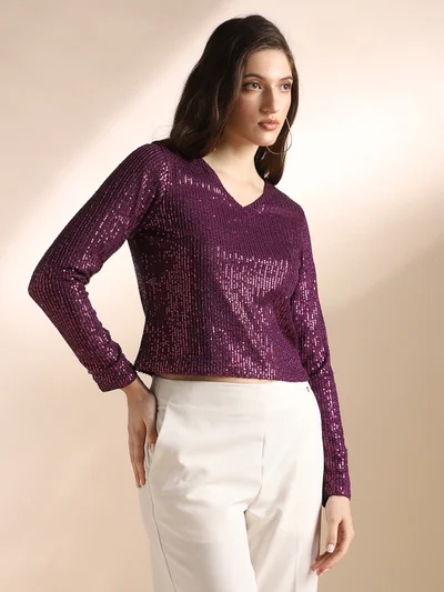 globus Globus Women Burgundy V-Neck Long Sleeves Sequin Embellished Party Top