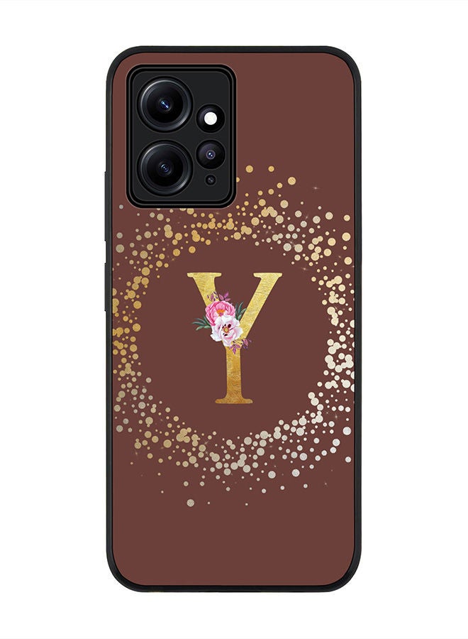 Stylizedd Rugged Black edge case for Redmi Note 12 4G Slim fit Soft Case Flexible Rubber Edges Anti Drop TPU Gel Thin Cover - Custom Monogram Initial Letter Floral Pattern Alphabet - Y - Brown - Image 1