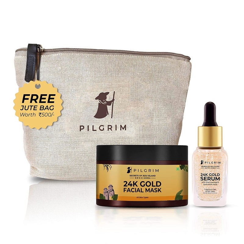 PILGRIM Pilgrim 24K Gold Facial Kit Dewy Glass Skin Finish Radiant Look Face Mask Pack 50gm Serum 20ml Korean Skin Care For Women Men FREE JUTE BAG - Image 1