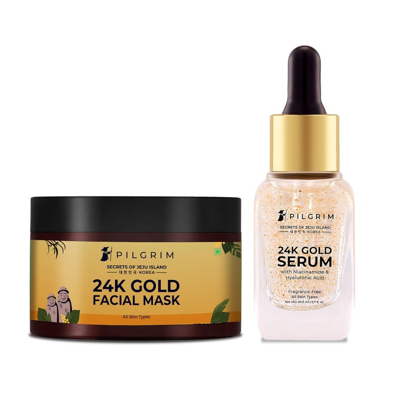 PILGRIM Pilgrim 24K Gold Facial Kit Dewy Glass Skin Finish Radiant Look Face Mask Pack 50gm Serum 20ml Korean Skin Care For Women Men FREE JUTE BAG - Image 3