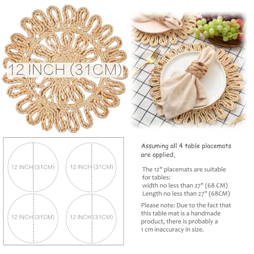 IcosaMro Round Woven Placemats for Dining Table Set of 4 11 Inch Small Natural Braided Rattan Tablemat Hollow Wicker Charger Plates for Holiday Thanksgiving Christmas Kitchen Table Mat, Beige - Image 5