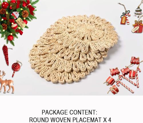 IcosaMro Round Woven Placemats for Dining Table Set of 4 11 Inch Small Natural Braided Rattan Tablemat Hollow Wicker Charger Plates for Holiday Thanksgiving Christmas Kitchen Table Mat, Beige - Image 2