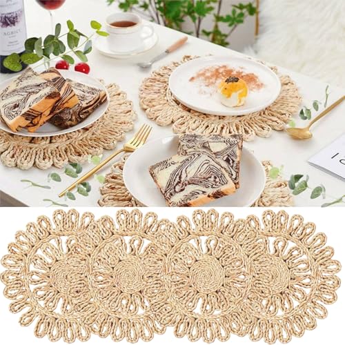 IcosaMro Round Woven Placemats for Dining Table Set of 4 11 Inch Small Natural Braided Rattan Tablemat Hollow Wicker Charger Plates for Holiday Thanksgiving Christmas Kitchen Table Mat, Beige - Image 3