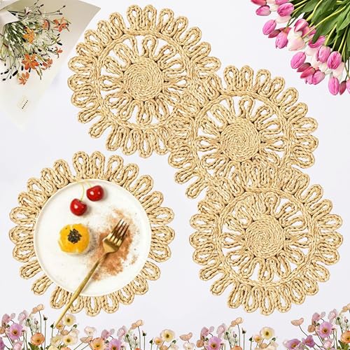 IcosaMro Round Woven Placemats for Dining Table Set of 4 11 Inch Small Natural Braided Rattan Tablemat Hollow Wicker Charger Plates for Holiday Thanksgiving Christmas Kitchen Table Mat, Beige - Image 1