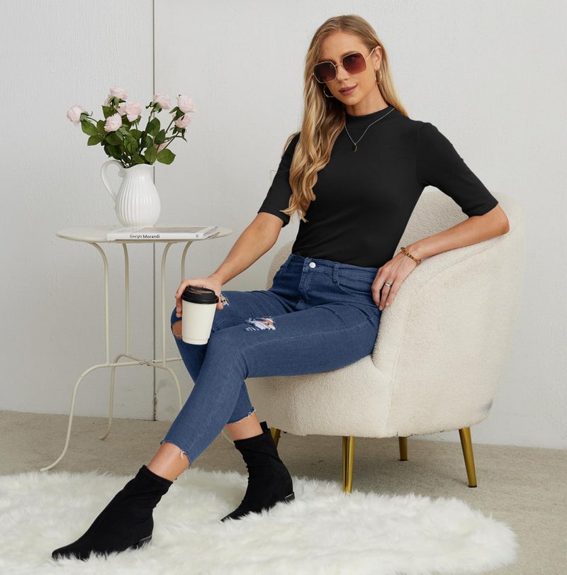 PrinStory Womens Tops Black Summer Short Sleeve Shirts Business Dressy Casual Pullover Tops for Women 2025 Trendy US L - Image 3