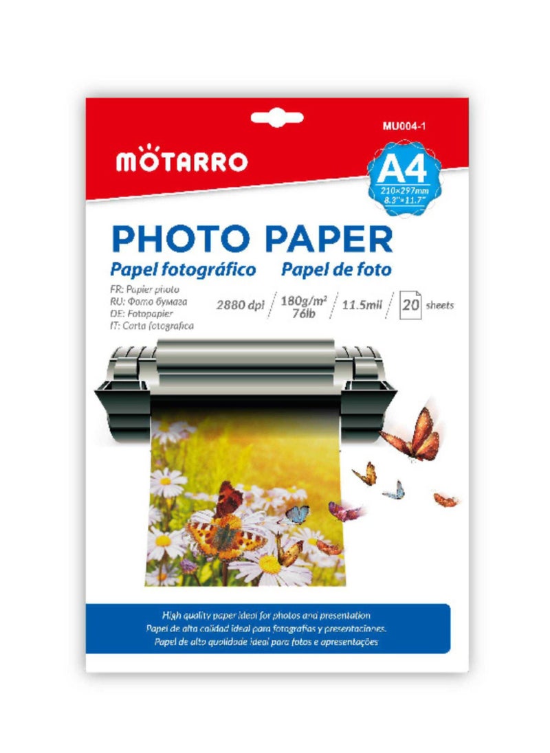 MOTARRO Inkjet Paper Glossy Photo  A4 Size 180Gsm 20 Sheets  - Image 1