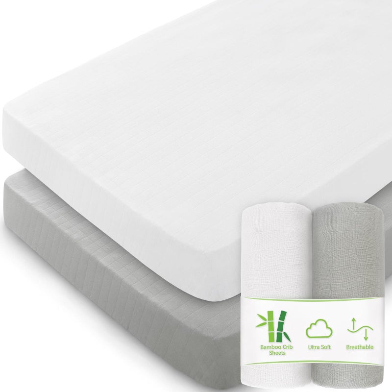 Biloban Muslin Crib Sheets for Boys and Girls 2 Pack, Ultra Soft Muslin Fitted Baby Crib Sheet for Standard Crib Mattress & Toddler Bed Mattress, Grey & White - Image 1