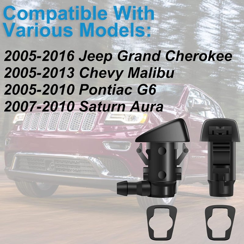 Belleone 2 Windshield Washer Nozzle Kit fit for 2005-2016 Jeep Grand Cherokee, 2005-2013 Chevy Malibu, 2005-2010 Pontiac G6, 2007-2010 Saturn Aura, Replacement for 55372143AB, 15247800, 55156427AB, 55079049AA - Image 4