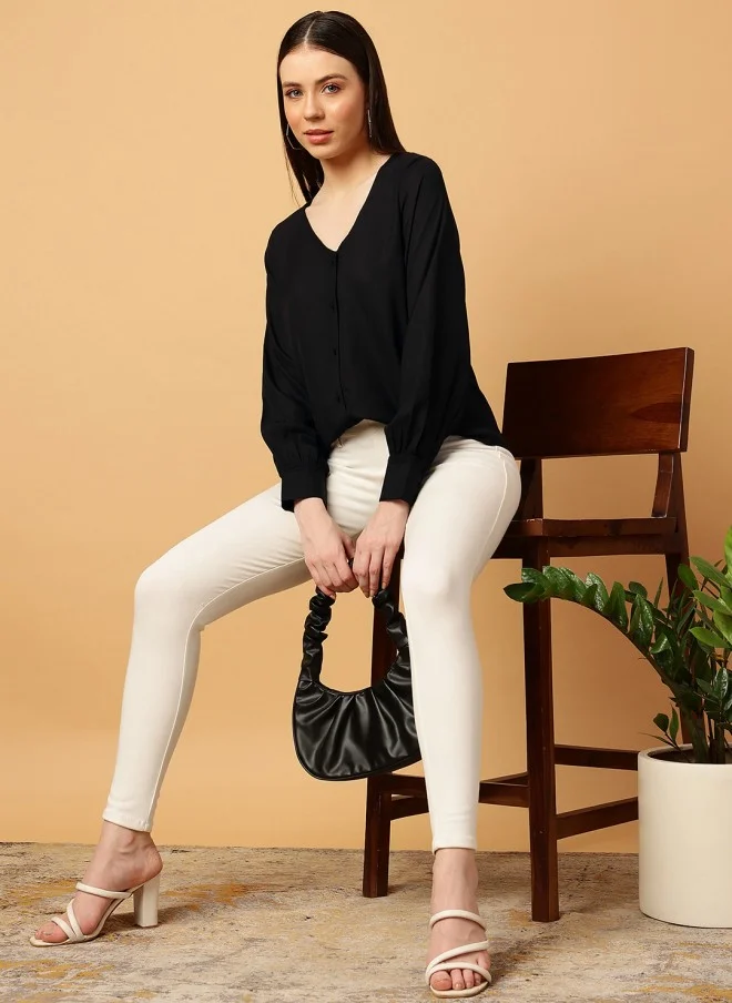 MINT STREET Black V-Neck Long Sleeve Top for Women