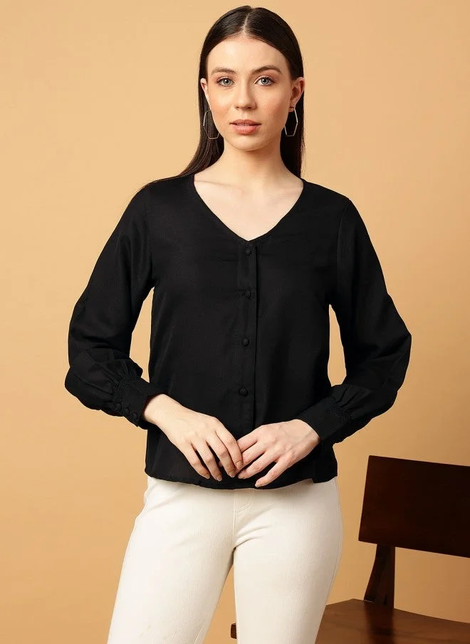 مينت ستريت بلوزة نسائية بأكمام طويلة وياقة على شكل حرف  باللون الأسود