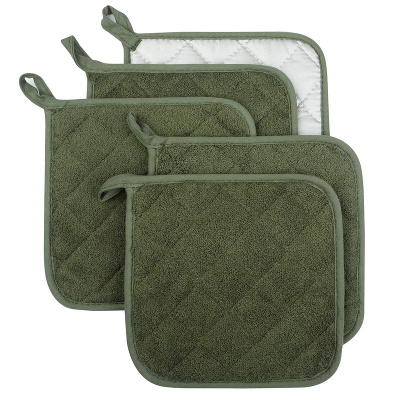 100 Cotton Kitchen Everyday Basic Terry Pot Holder Heat Resistant Coaster Potholder for Cooking and Baking Set of 5 Olive Green