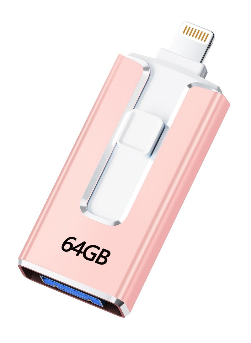 X-level 64GB Usb Flash Drives 4IN 1 Data Storage for iPhone iPad Photo Stick, Easily Back Up and Save Files Light Pink  - Image 1