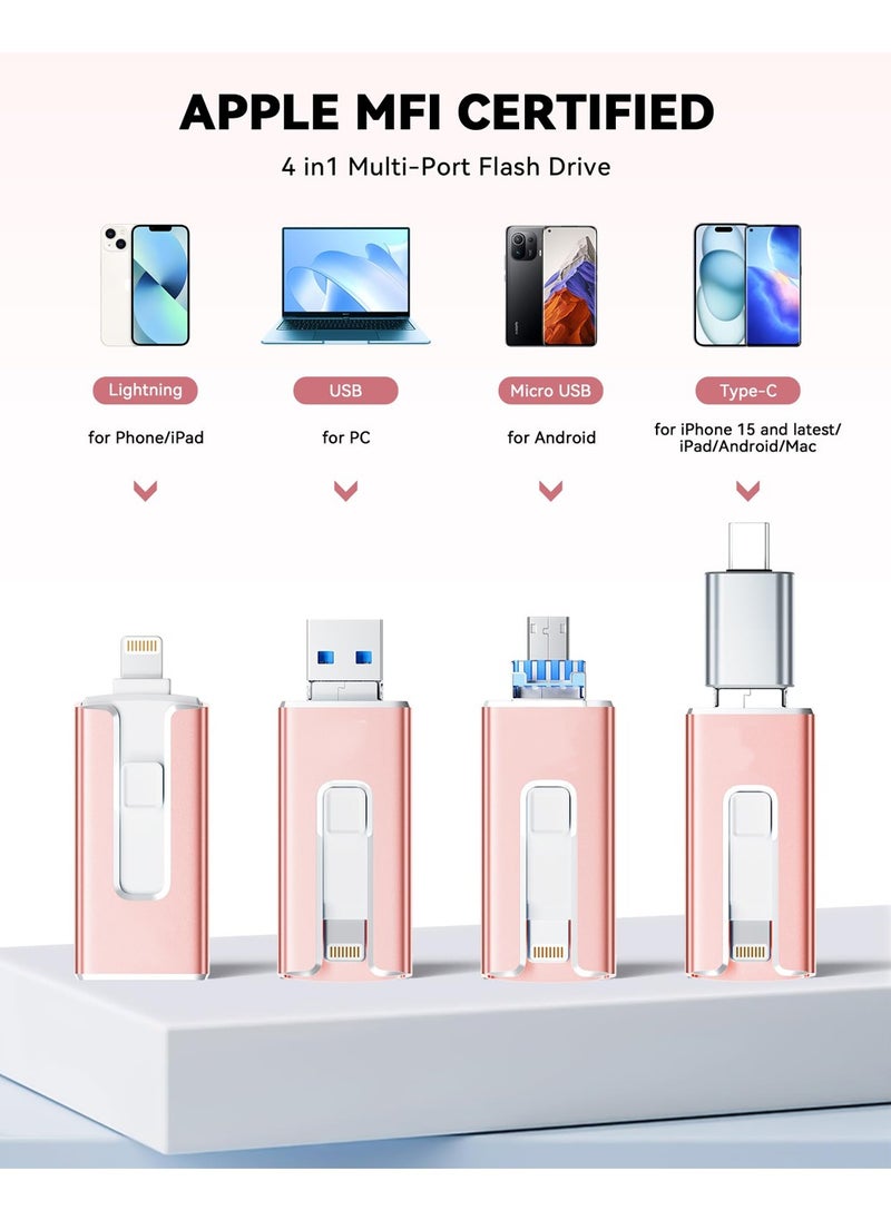 X-level 64GB Usb Flash Drives 4IN 1 Data Storage for iPhone iPad Photo Stick, Easily Back Up and Save Files Light Pink  - Image 2