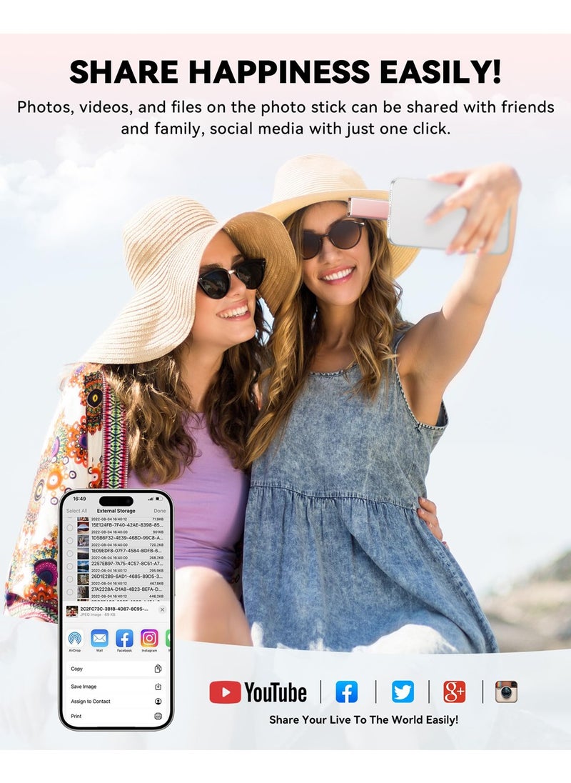 64GB Usb Flash Drives 4IN 1 Data Storage for iPhone iPad Photo Stick, Easily Back Up and Save Files Light Pink