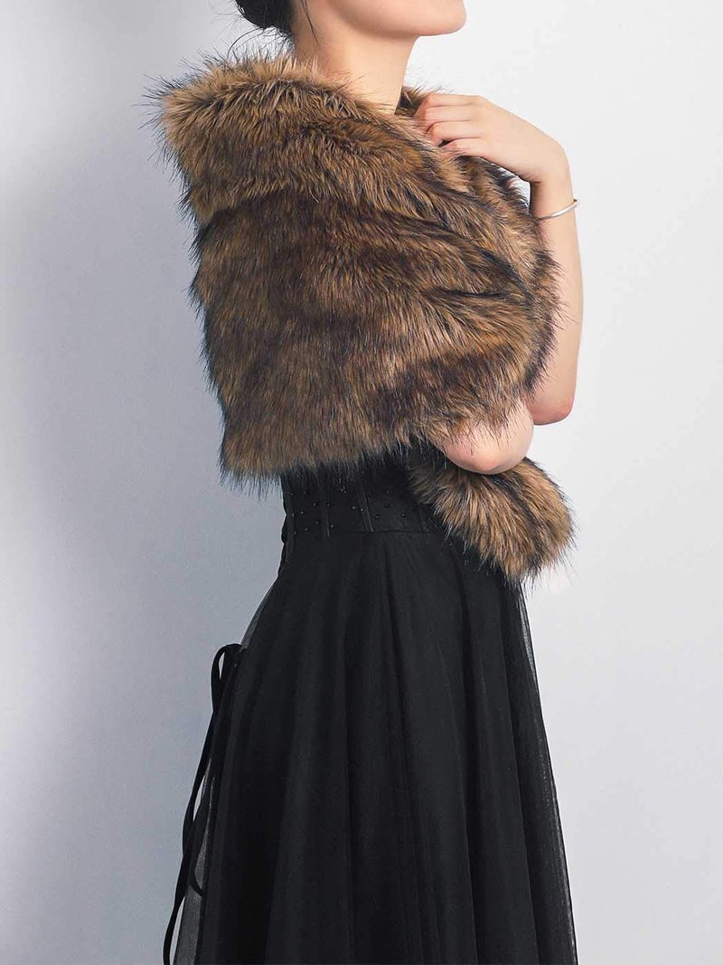 GORAIS Women's Wedding Faux Fur Shawls and Wraps Bridal Fur Scarf Stoles with Brooch for Bride and Bridesmaids (US 4-14(S-M), A Brown) - Image 2