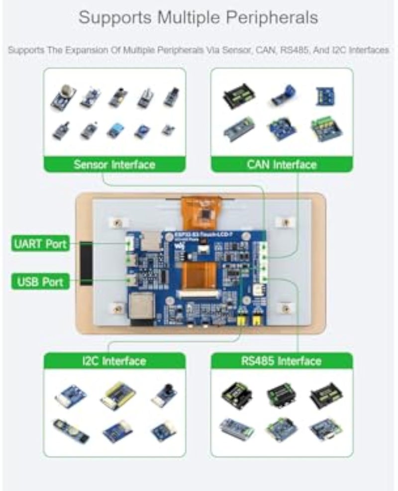 لوحة تطوير بشاشة لمس سعوية 7 بوصة Waveshare ESP32-S3، دقة 800×480، شاشة LCD RGB 7 بوصة 65 ألف لون، لمس 5 نقاط، تدعم واي فاي وبلوتوث - Image 4