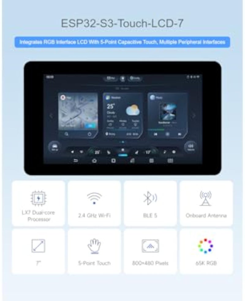 لوحة تطوير بشاشة لمس سعوية 7 بوصة Waveshare ESP32-S3، دقة 800×480، شاشة LCD RGB 7 بوصة 65 ألف لون، لمس 5 نقاط، تدعم واي فاي وبلوتوث - Image 2