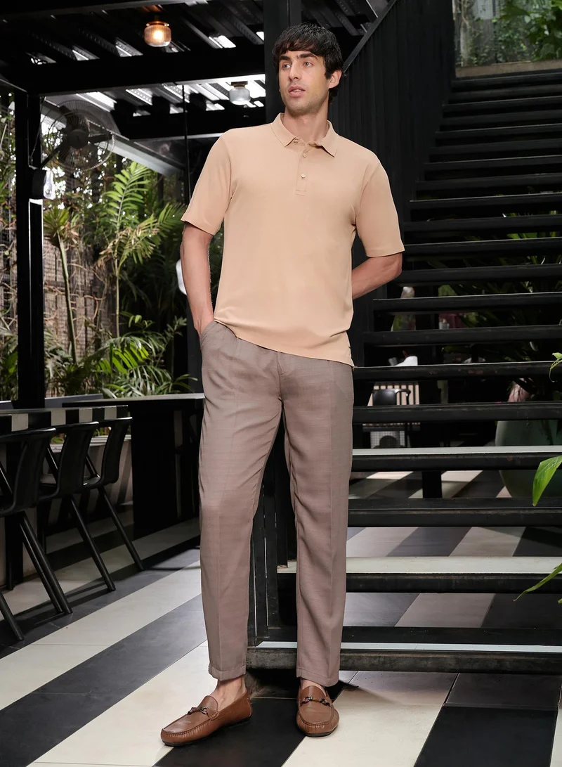 CAHOOT  Men's Sand Beige Seamless Ribbed Polo T-Shirt for Men | Best Price UAE