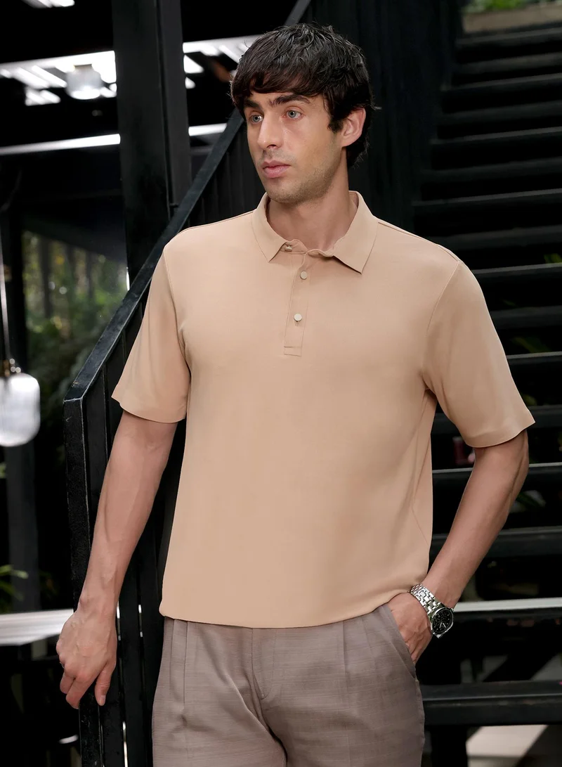 CAHOOT  Men's Sand Beige Seamless Ribbed Polo T-Shirt for Men | Best Price UAE