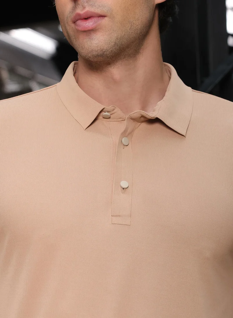 CAHOOT  Men's Sand Beige Seamless Ribbed Polo T-Shirt for Men | Best Price UAE